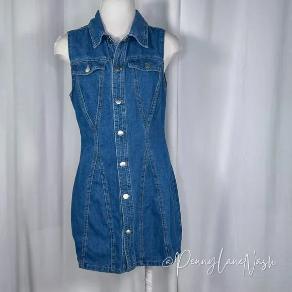 Shein Denim Button Front Sleeveless Shirt Dress Blue - Picture 3 of 10